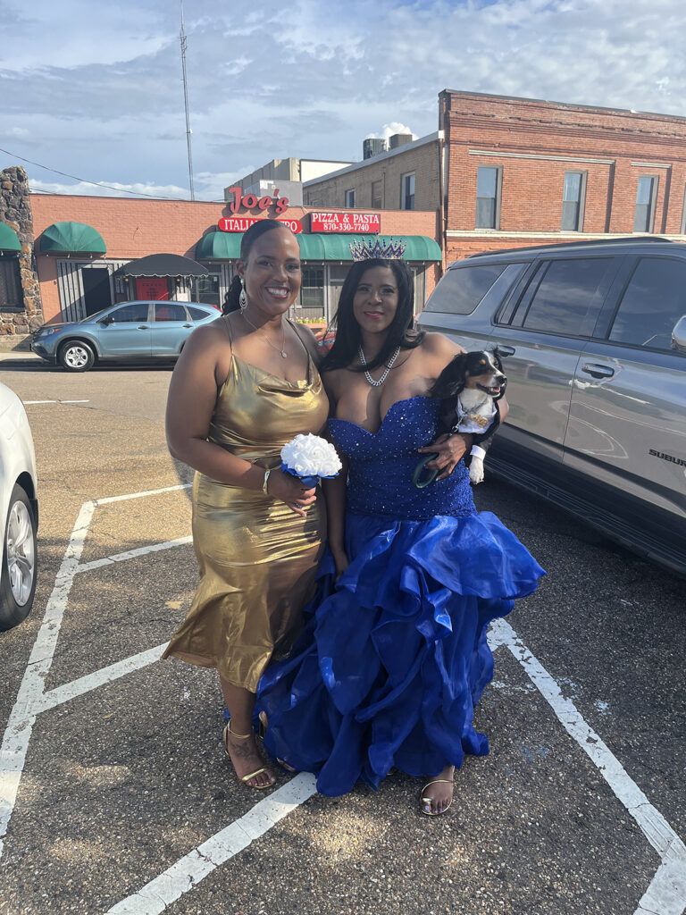 Bride with chiweenie dog Bo during Arkansas/Texas border wedding in Texarkana, Arkansas