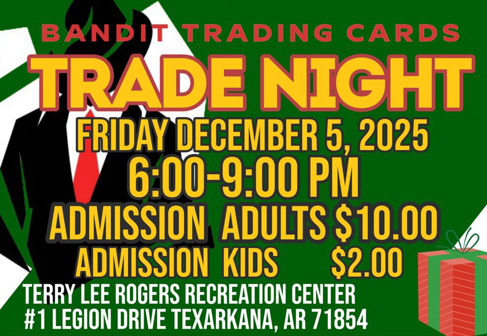 Flyer for Bandit Trading Cards Trade Night and Texarkana Card Show featuring event details, giveaways, and collectibles like Pokémon cards, Funko Pops, and vintage toys.
