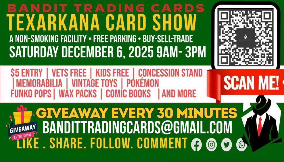 Flyer for Bandit Trading Cards Trade Night and Texarkana Card Show featuring event details, giveaways, and collectibles like Pokémon cards, Funko Pops, and vintage toys.