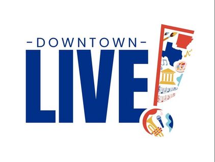 Logo for Downtown Live featuring bold blue text and colorful icons representing art, music, and local culture.