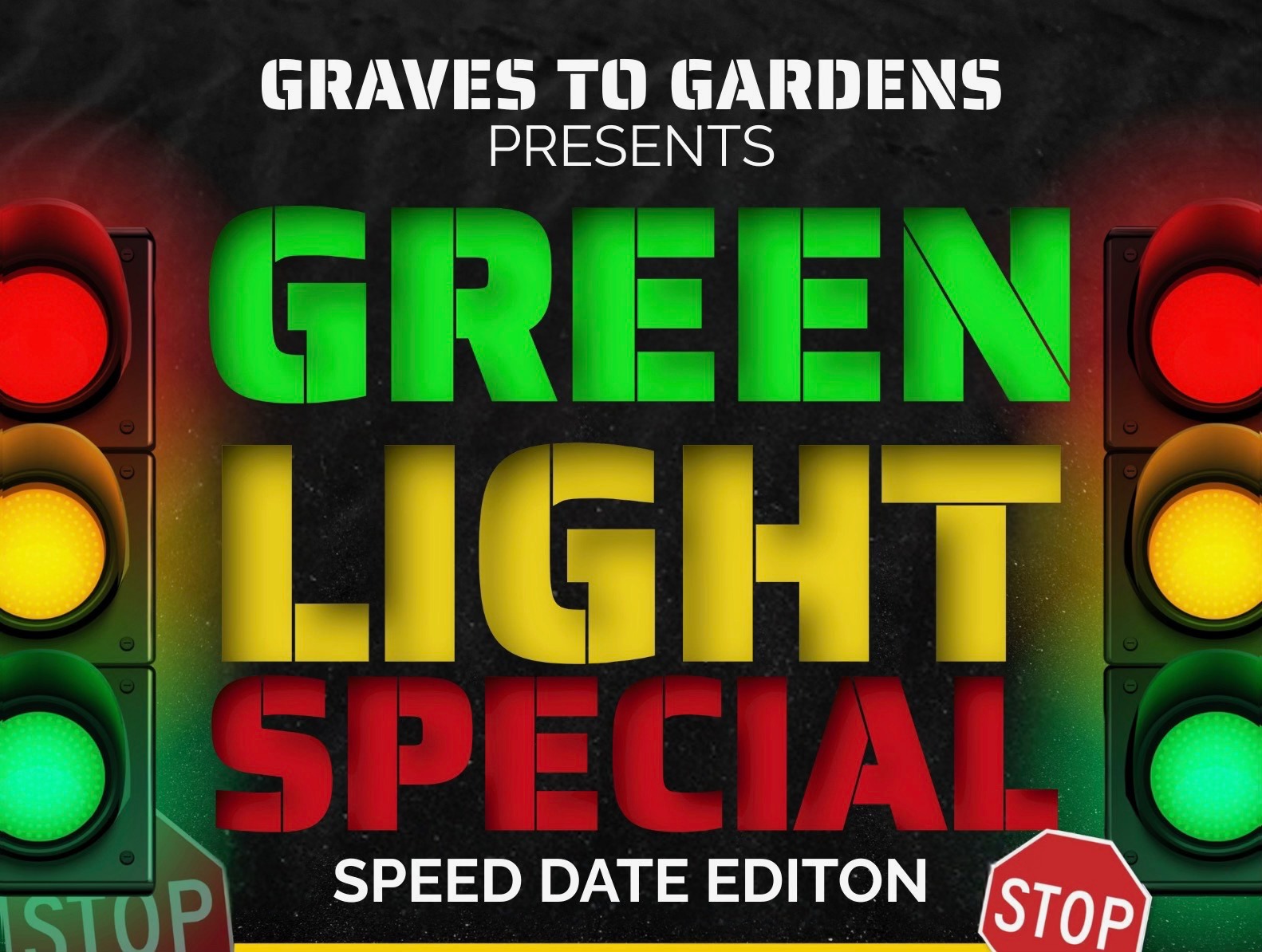 Poster for the Green Light Special Speed Dating event featuring bright traffic light colors and bold green, yellow, and red text.