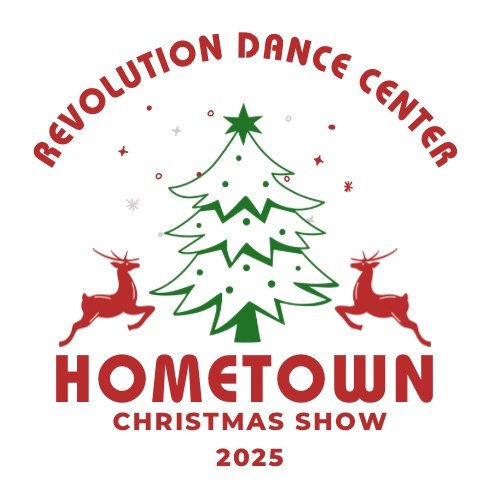 Logo for Revolution Dance Center’s Hometown Christmas Show 2025 featuring a green Christmas tree and two red reindeer.