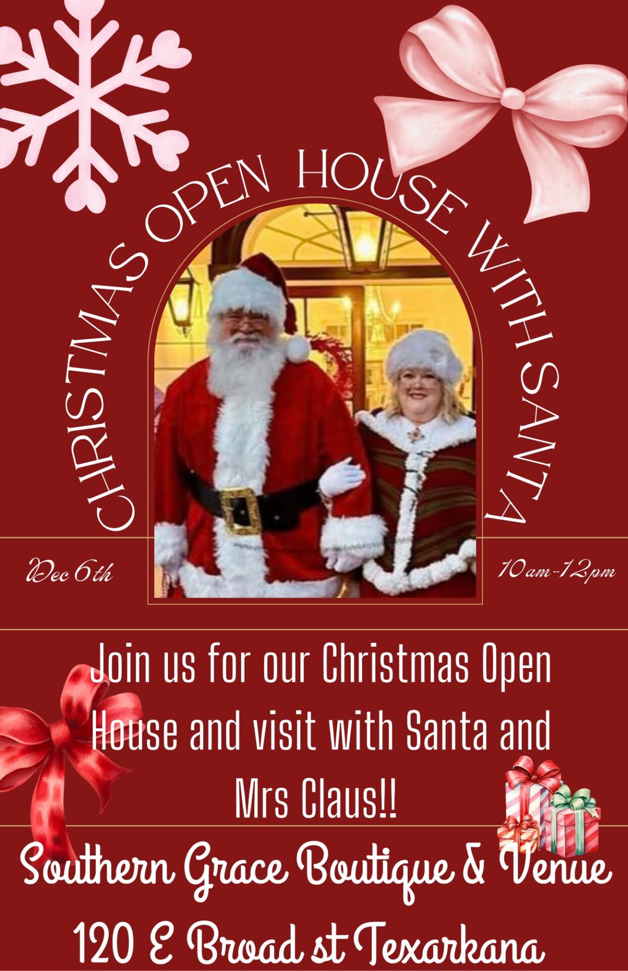 Flyer for the Southern Grace Boutique Christmas Open House featuring Santa and Mrs. Claus, with festive red background, snowflake, and ribbon accents.