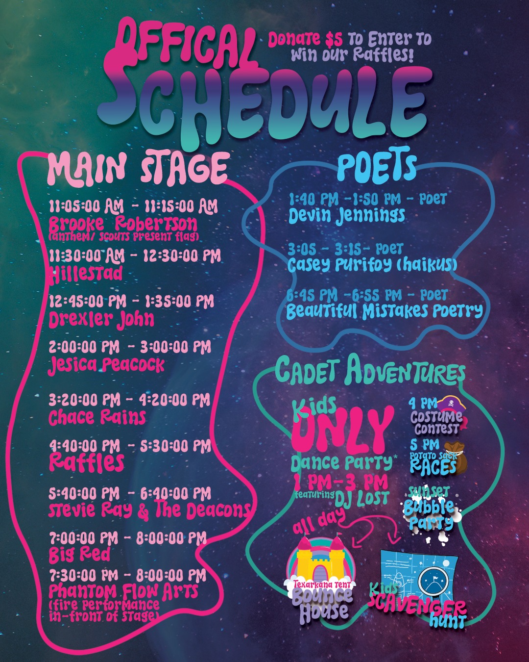 Colorful Cosmic Crossroads 2025 schedule with music acts, poetry readings, and kids’ activities in Texarkana.