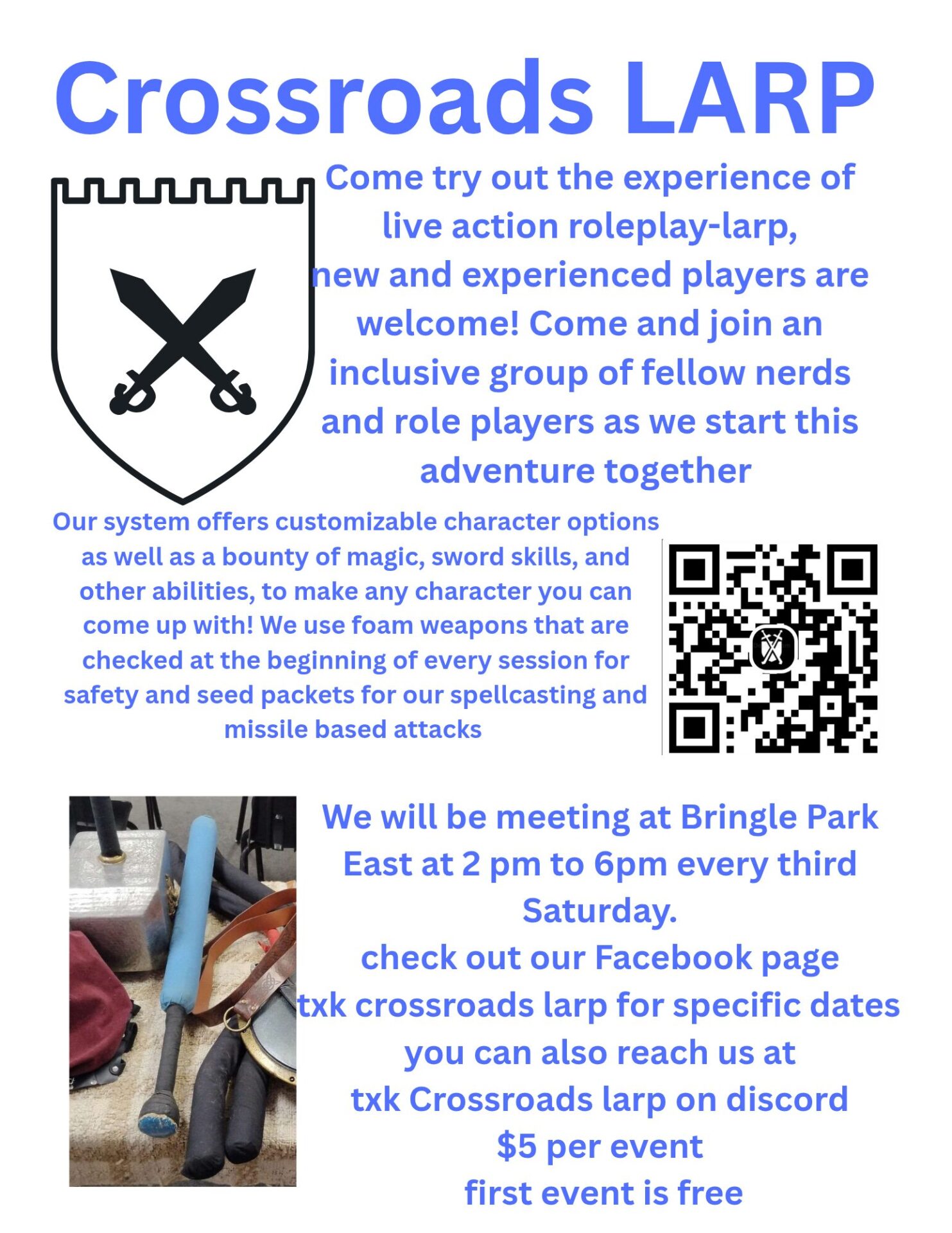 Flyer for Crossroads LARP, a live action roleplay group in Texarkana, inviting new and experienced players to medieval fantasy roleplay with foam weapons at Bringle Park East.