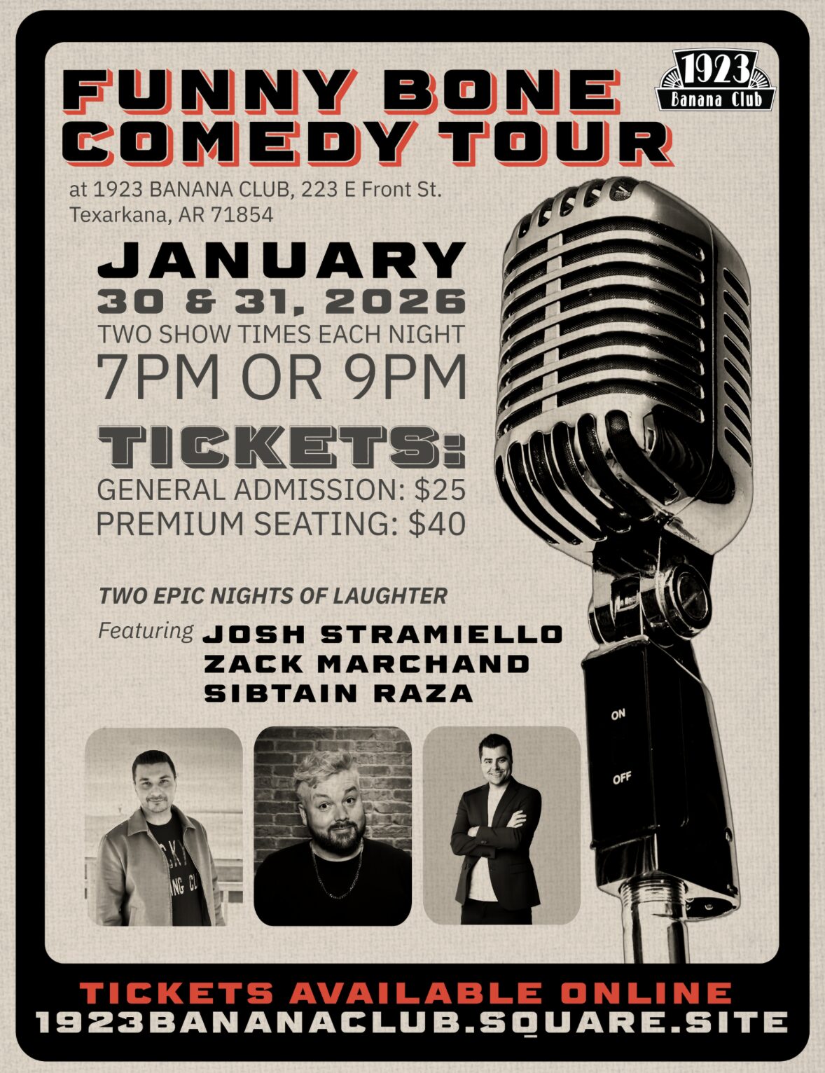 Poster for the Funny Bone Comedy Tour at 1923 Banana Club in Texarkana, January 30–31, 2026, featuring multiple comedians, showtimes at 7 PM and 9 PM, and ticket pricing.