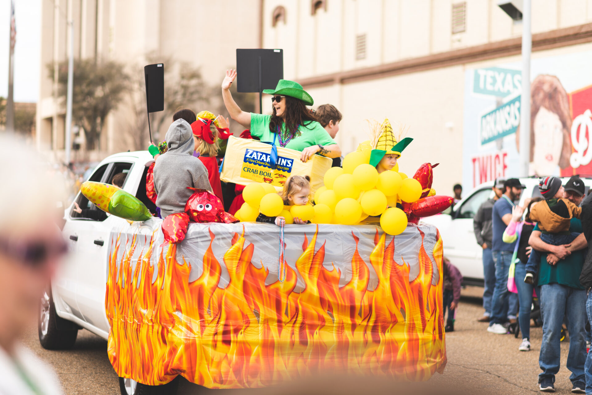 Mardi Gras parade float themed like a crawfish boil in Texarkana