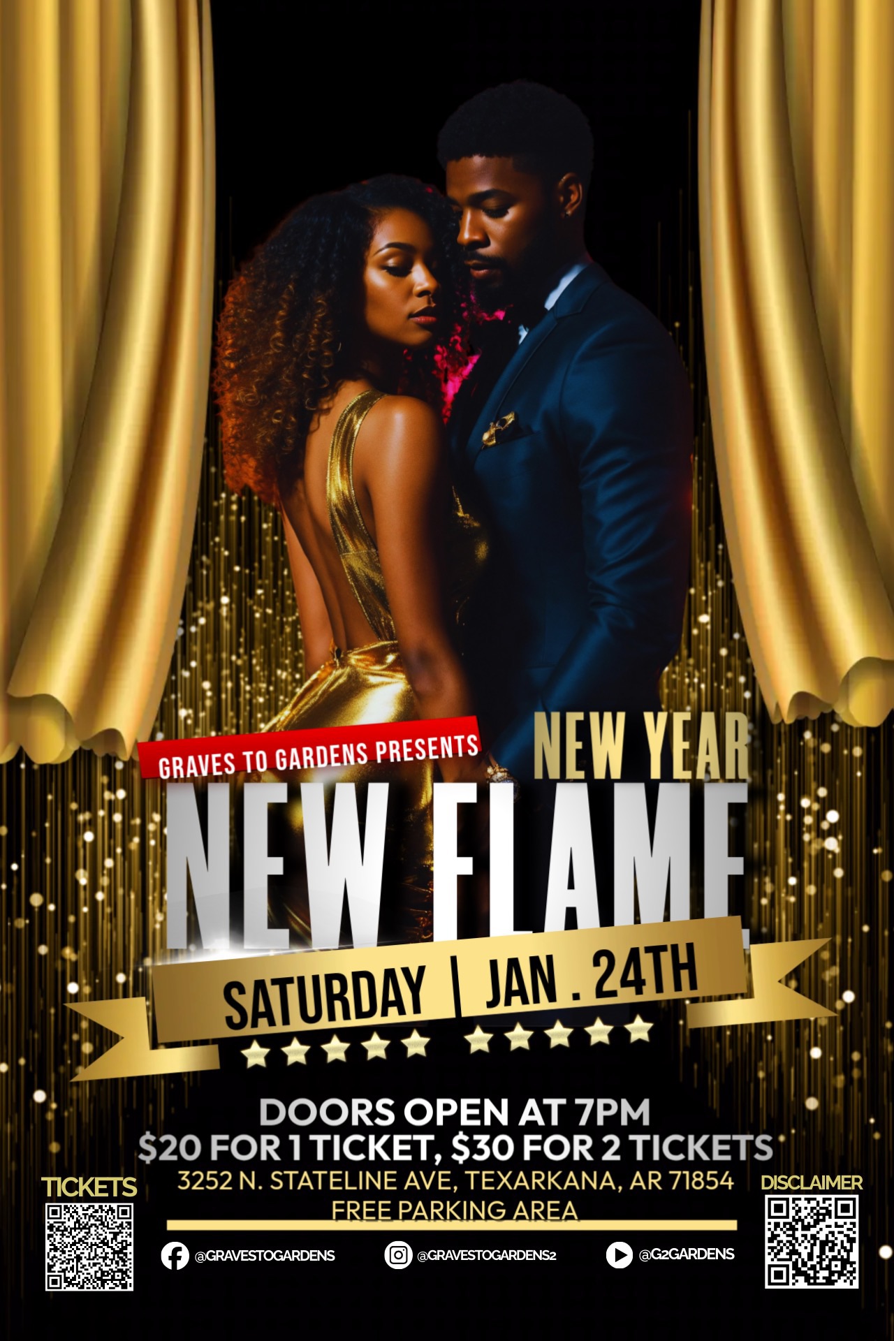 Promotional poster for the New Year New Flame speed dating event in Texarkana, Arkansas, featuring a dressed-up couple and event details for January 24 with evening doors opening.