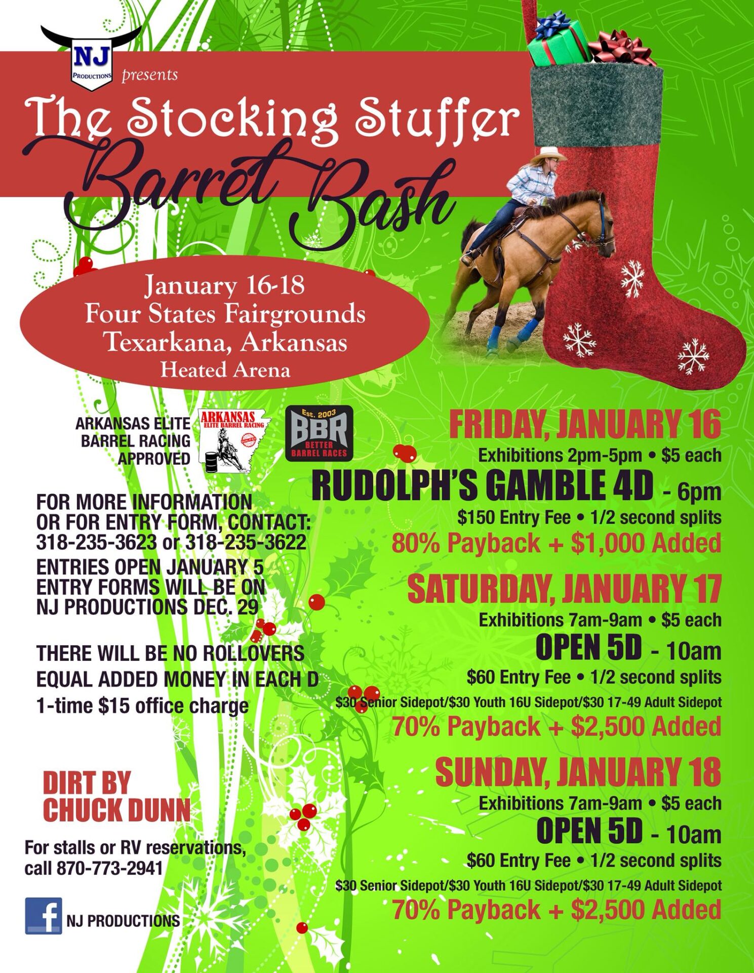 Flyer for the Stocking Stuffer Barrel Bash barrel racing event, held January 16–18 at the Four States Fairgrounds in Texarkana, Arkansas.