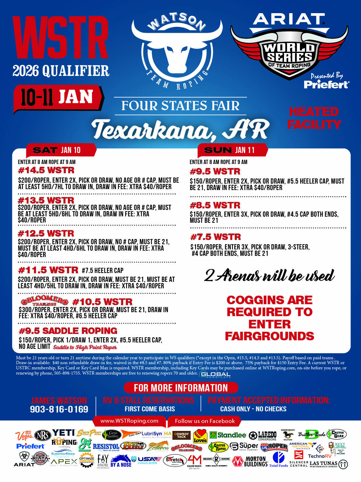 Promotional flyer for the WSTR 2026 Qualifier at the Four States Fairgrounds in Texarkana, Arkansas, happening January 10–11 in a heated equine center. The graphic highlights multiple team roping divisions across two days, use of two arenas, entry details, and logos for Watson Team Roping, Ariat, and the World Series of Team Roping.
