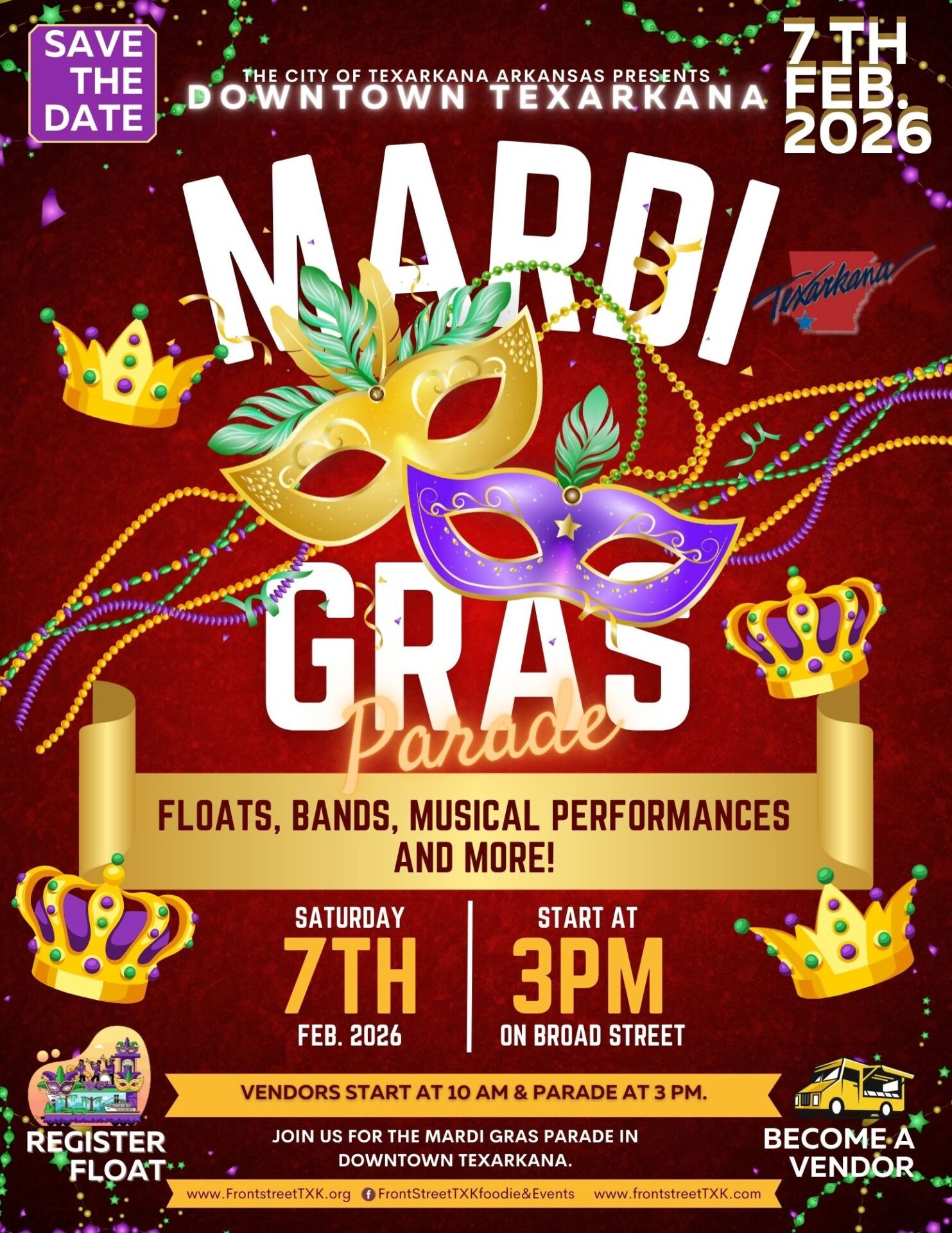 Promotional flyer for the Downtown Texarkana Mardi Gras Parade with masks, beads, and event details.