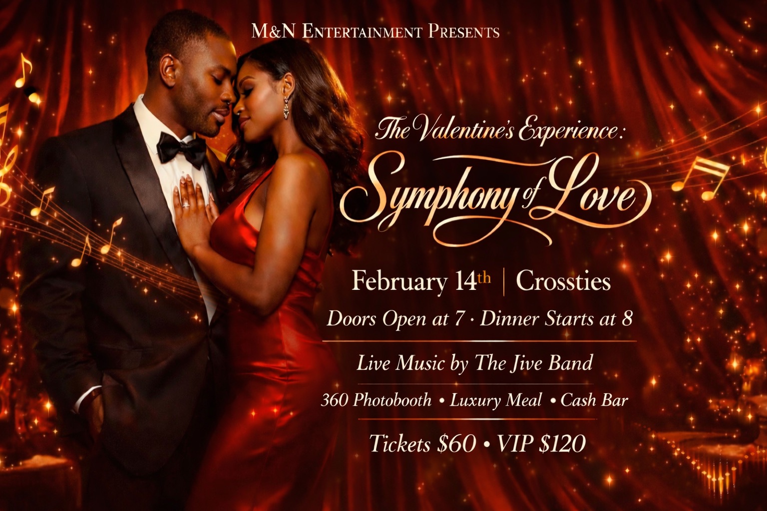 Couple dressed formally on a promotional graphic for The Valentine’s Experience: Symphony of Love. 