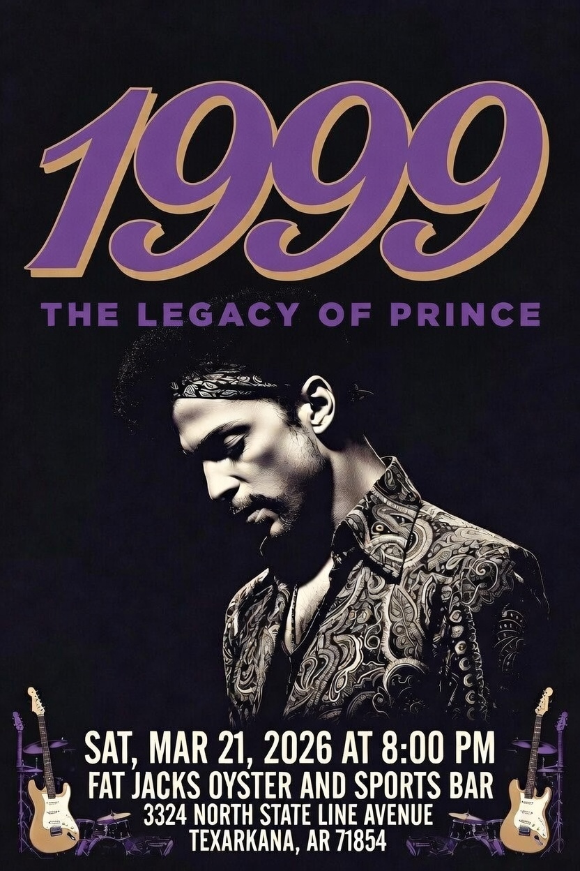 Flyer for 1999 The Legacy of Prince tribute show at Fat Jacks Oyster and Sports Bar in Texarkana, Arkansas on Saturday March 21st 2026 at 8pm.