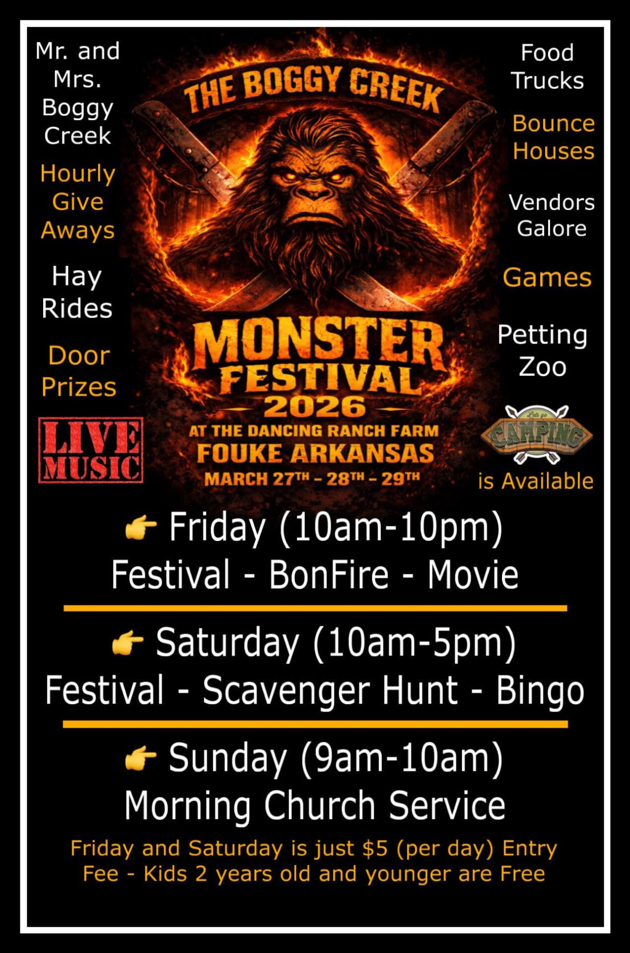 Flyer for the Boggy Creek Monster Festival 2026 at Dancing Ranch Farm in Fouke, Arkansas, March 27–29, featuring live music, food trucks, hayrides, and more.