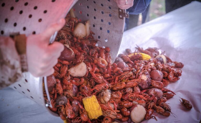 Crawfish boil being poured onto a table with corn and potatoes