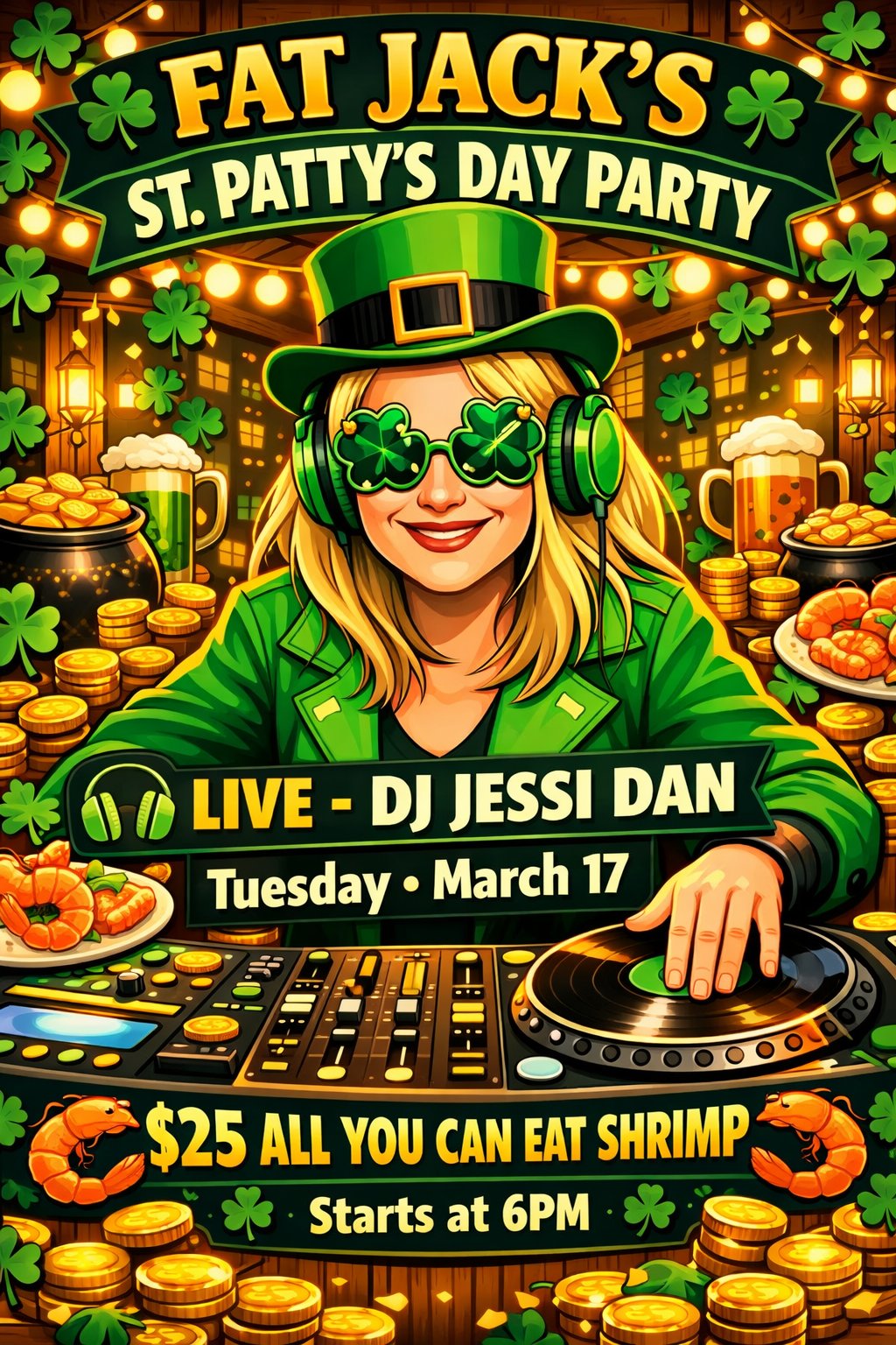 Flyer for Fat Jack's St. Patty's Day Party on Tuesday March 17th featuring live DJ Jessi Dan and $25 all you can eat shrimp starting at 6pm.