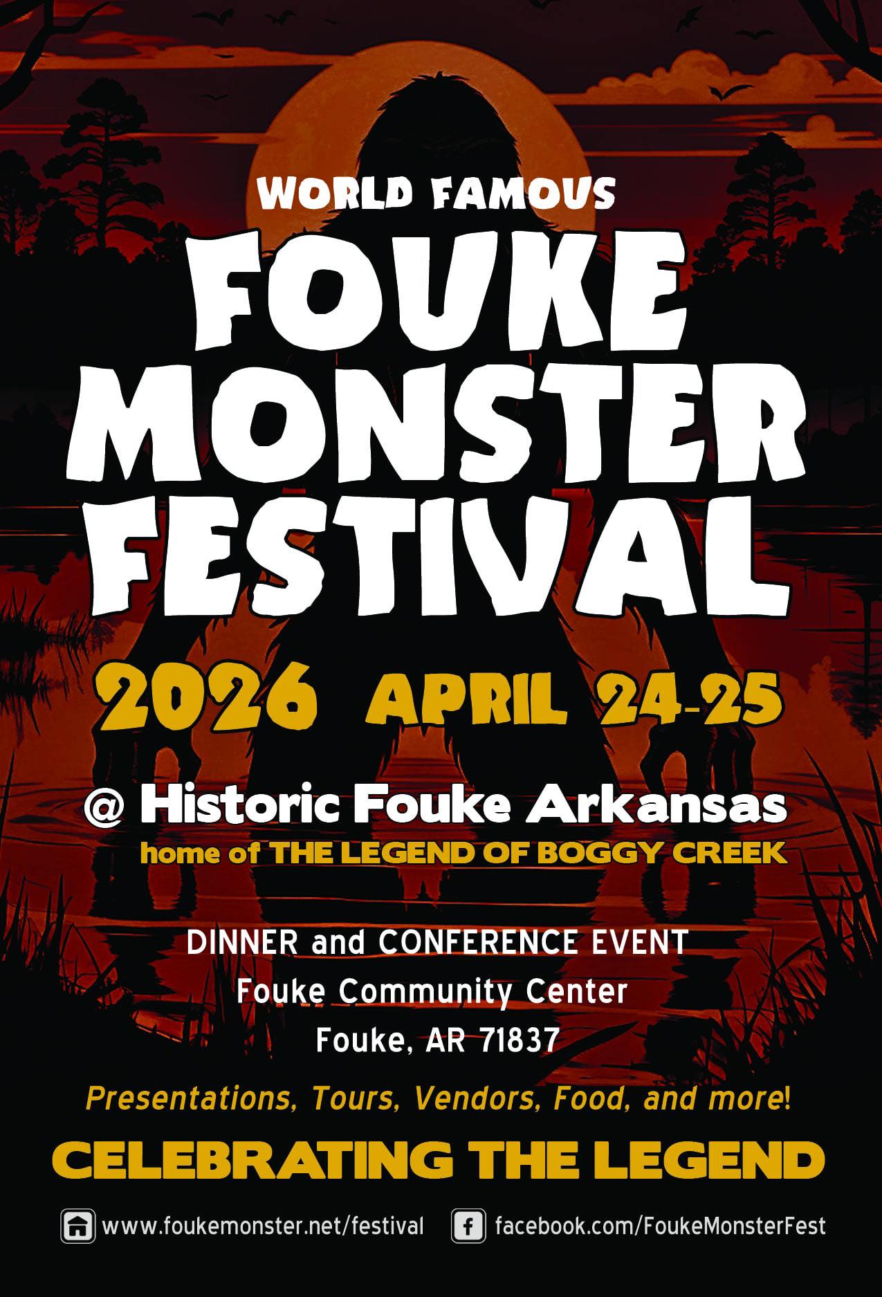 Promotional flyer for the World Famous Fouke Monster Festival 2026, April 24–25 in Historic Fouke, Arkansas, home of the Legend of Boggy Creek.