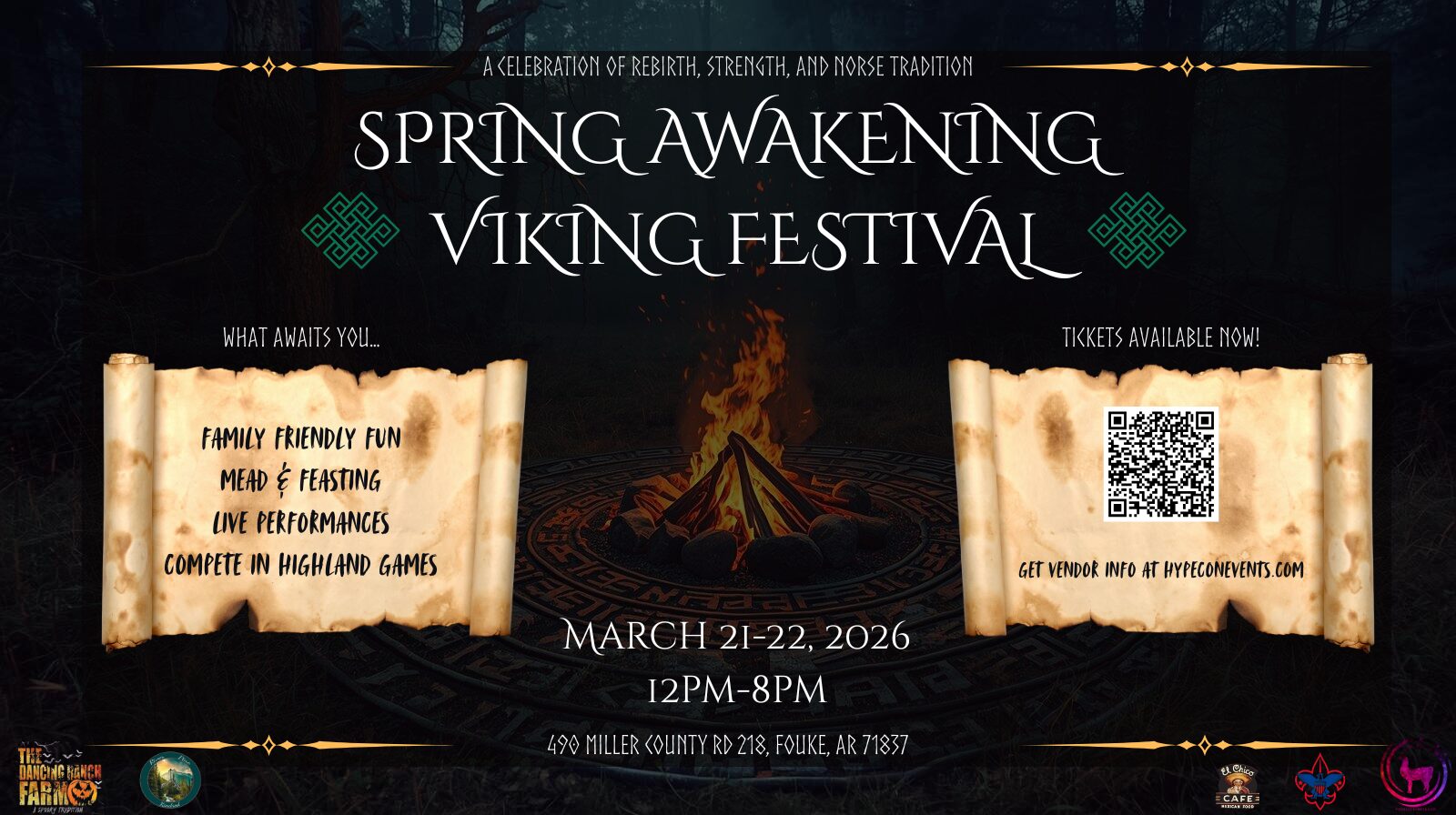 Poster for the Spring Awakening Viking Festival featuring Norse-themed activities, live performances, and feasting.