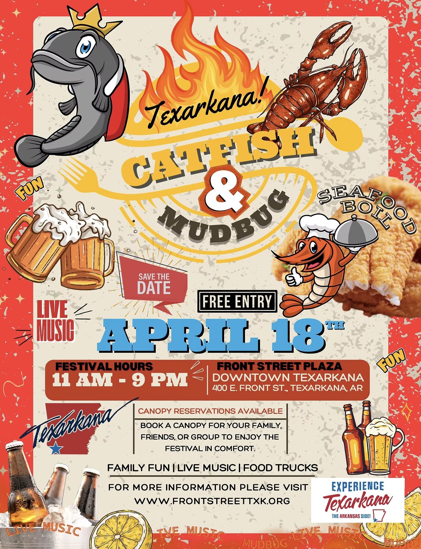 Poster for the Texarkana Catfish & Mudbug Festival on April 18 with crawfish, catfish, live music, and food vendors.