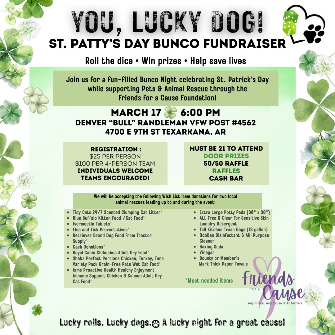 Flyer for the You Lucky Dog St. Patty's Day Bunco Fundraiser on March 17th at 6pm at Denver Bull Randleman VFW Post 4562 in Texarkana, Arkansas