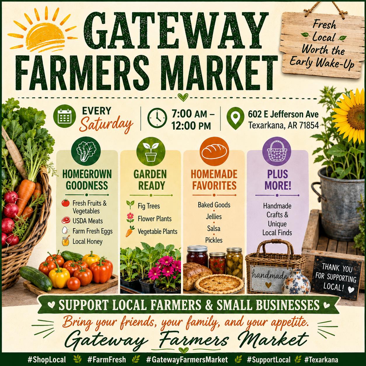 Flyer for Gateway Farmers Market in Texarkana, Arkansas featuring fresh produce, baked goods, plants, local honey, handmade crafts, and Saturday market hours.