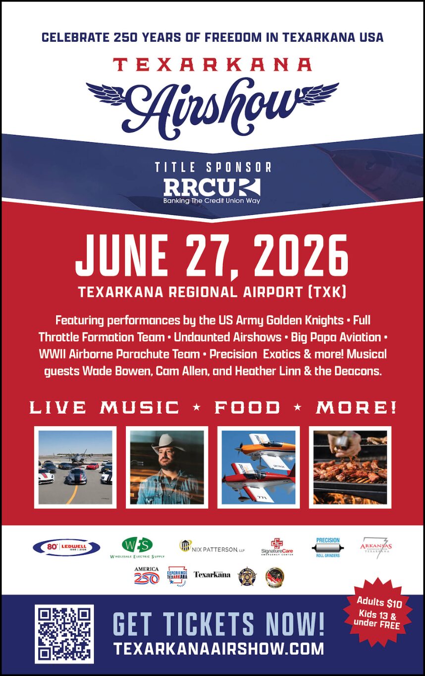 Texarkana Airshow 2026 event flyer with planes, live music, and food at regional airport.